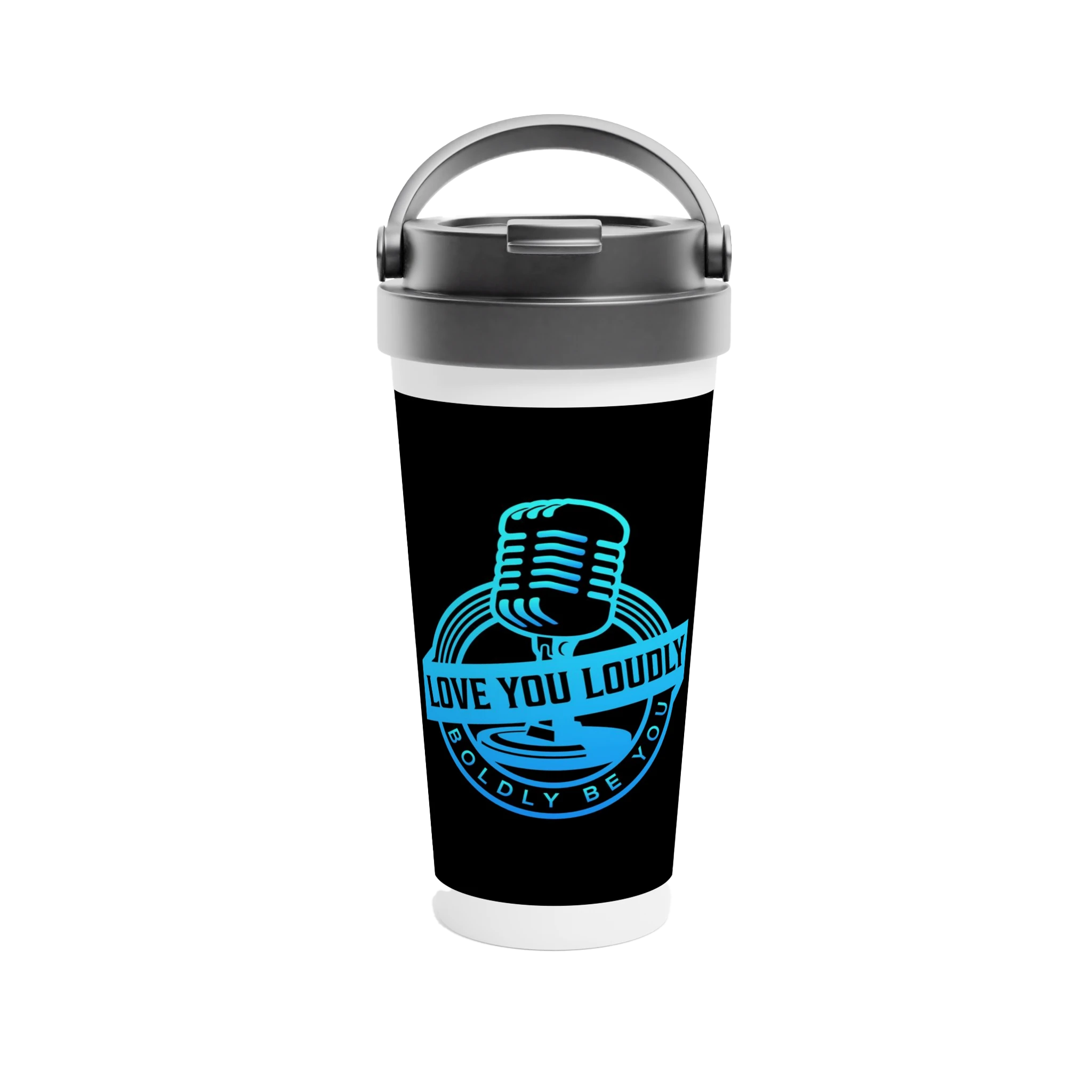 Blue and Black Love You Loudly Stainless Steel Travel Mug – 15oz Insulated Design