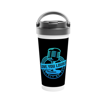 Blue and Black Love You Loudly Stainless Steel Travel Mug – 15oz Insulated Design